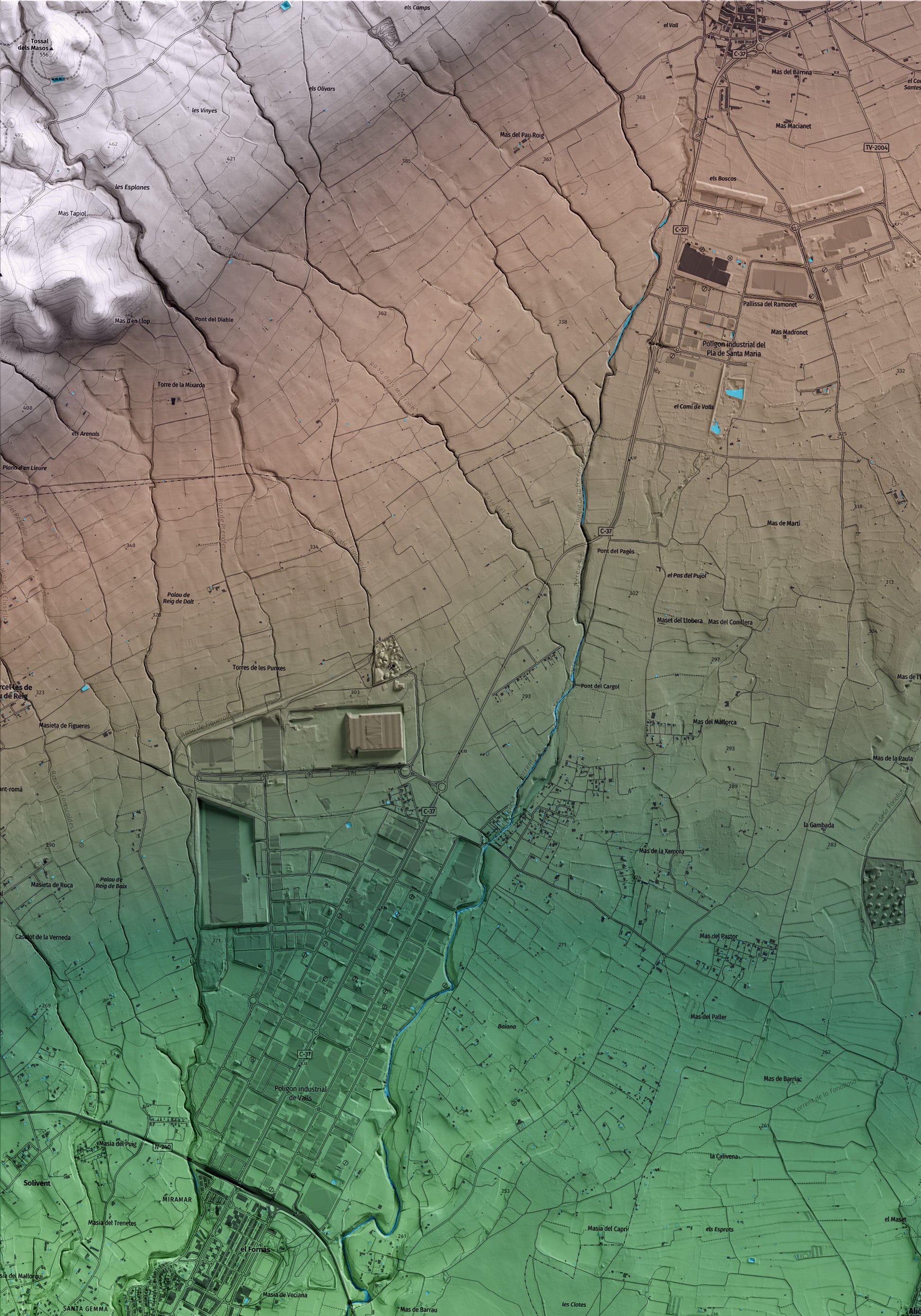 Mapa artístico del relieve de Alió, al Alt Camp, con 15 km de entorno y base topográfica ICGC. Detalle de la zona superior izquierda.