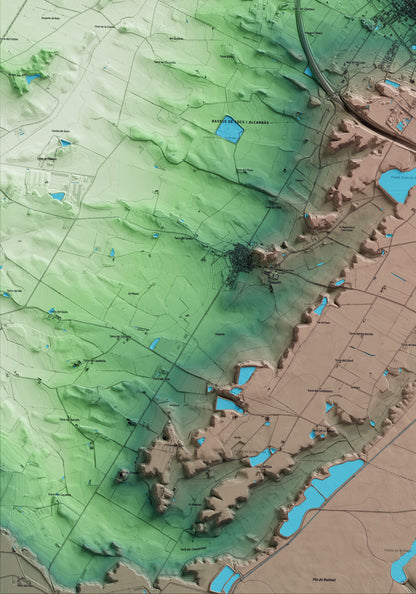 Mapa artístico del relieve de Almacelles, al Segrià, con 15 km de entorno y base topográfica ICGC. Detalle de la zona inferior izquierda.