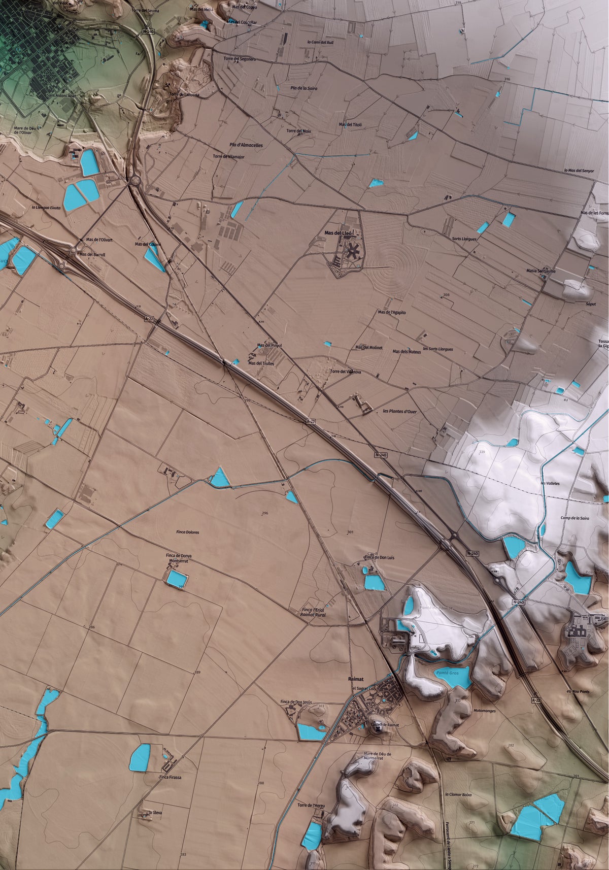 Mapa artístico del relieve de Almacelles, al Segrià, con 15 km de entorno y base topográfica ICGC. Detalle de la zona inferior derecha.
