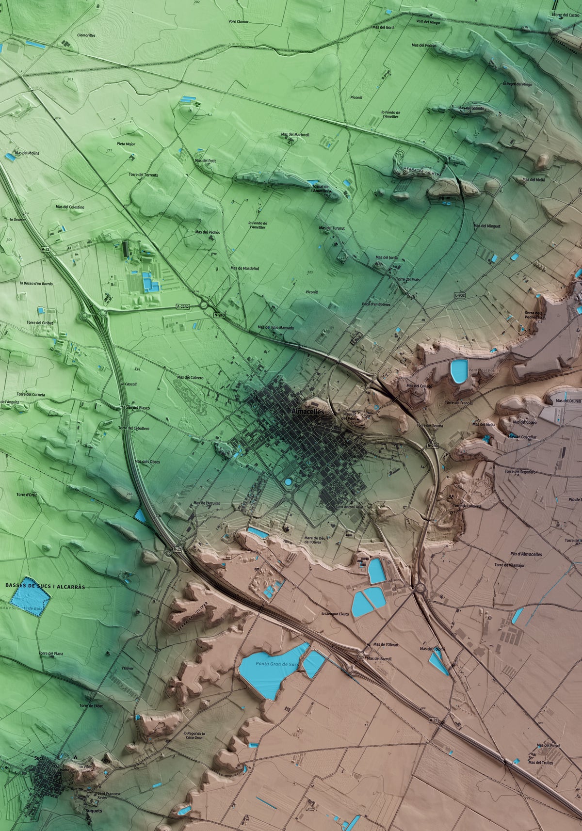 Mapa artístico del relieve de Almacelles, al Segrià, con 15 km de entorno y base topográfica ICGC. Detalle de la zona central.