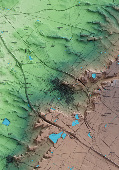 Mapa artístico del relieve de Almacelles, al Segrià, con 15 km de entorno y base topográfica ICGC. Detalle de la zona central.