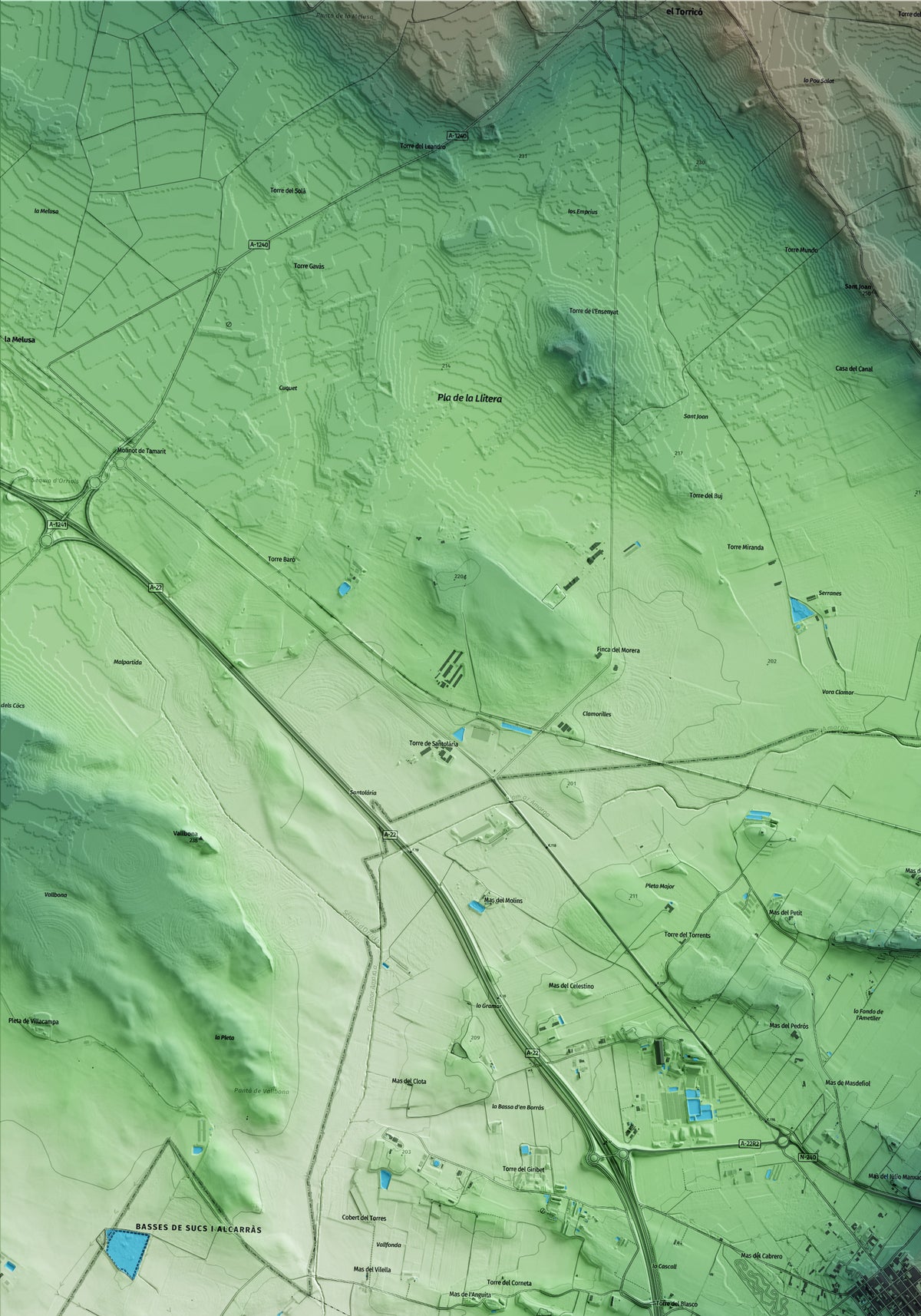 Mapa artístico del relieve de Almacelles, al Segrià, con 15 km de entorno y base topográfica ICGC. Detalle de la zona superior izquierda.