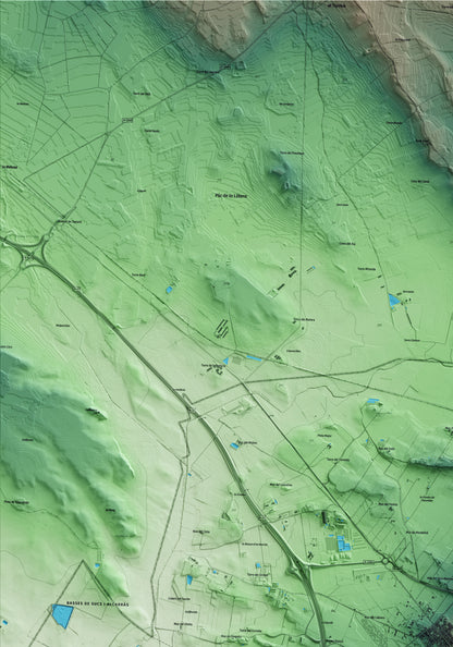 Mapa artístico del relieve de Almacelles, al Segrià, con 15 km de entorno y base topográfica ICGC. Detalle de la zona superior izquierda.