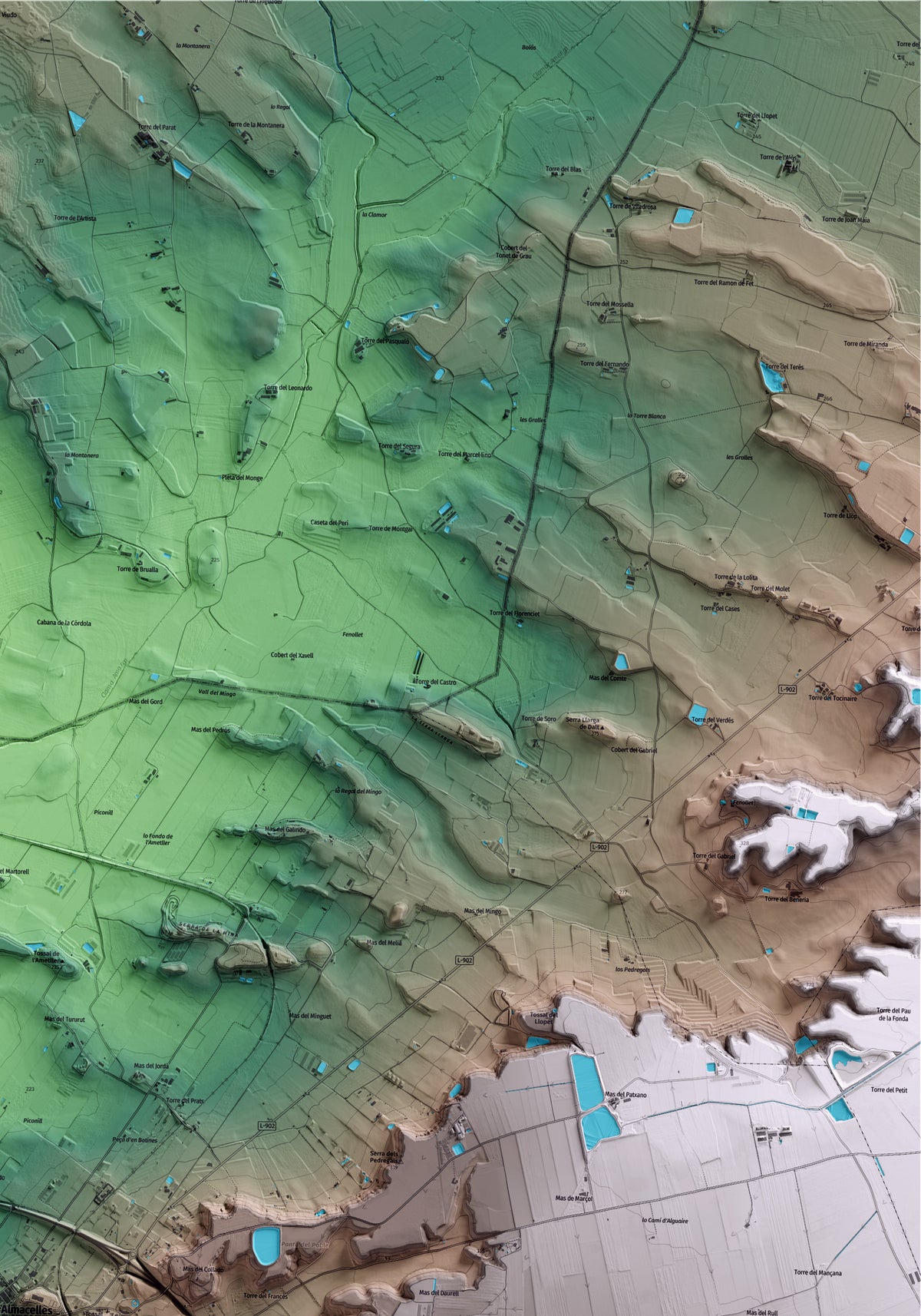 Mapa artístico del relieve de Almacelles, al Segrià, con 15 km de entorno y base topográfica ICGC. Detalle de la zona superior derecha.
