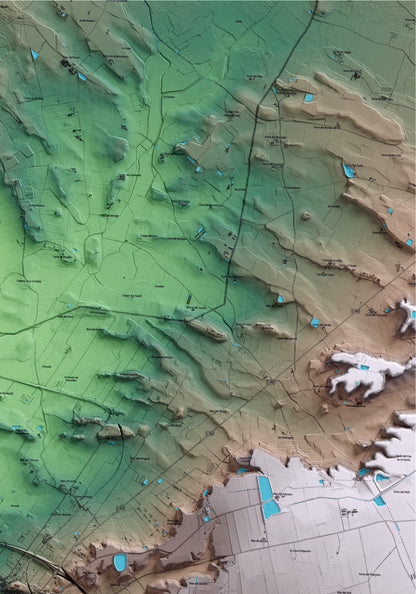 Mapa artístico del relieve de Almacelles, al Segrià, con 15 km de entorno y base topográfica ICGC. Detalle de la zona superior derecha.