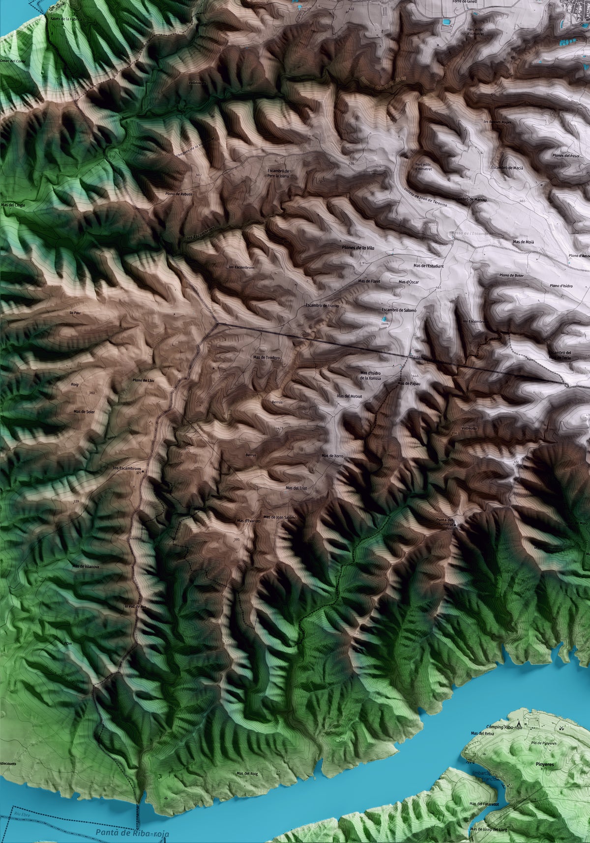Mapa artístico del relieve de Almatret, al Segrià, con 15 km de entorno y base topográfica ICGC. Detalle de la zona inferior izquierda.
