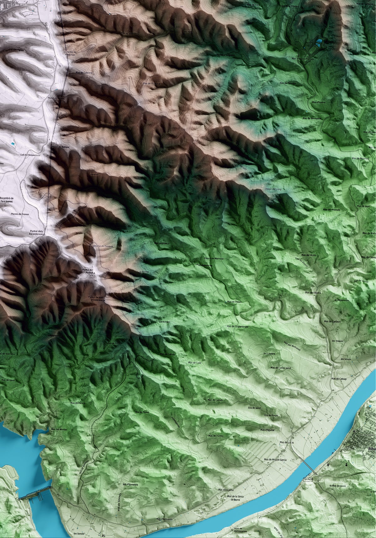 Mapa artístico del relieve de Almatret, al Segrià, con 15 km de entorno y base topográfica ICGC. Detalle de la zona inferior derecha.