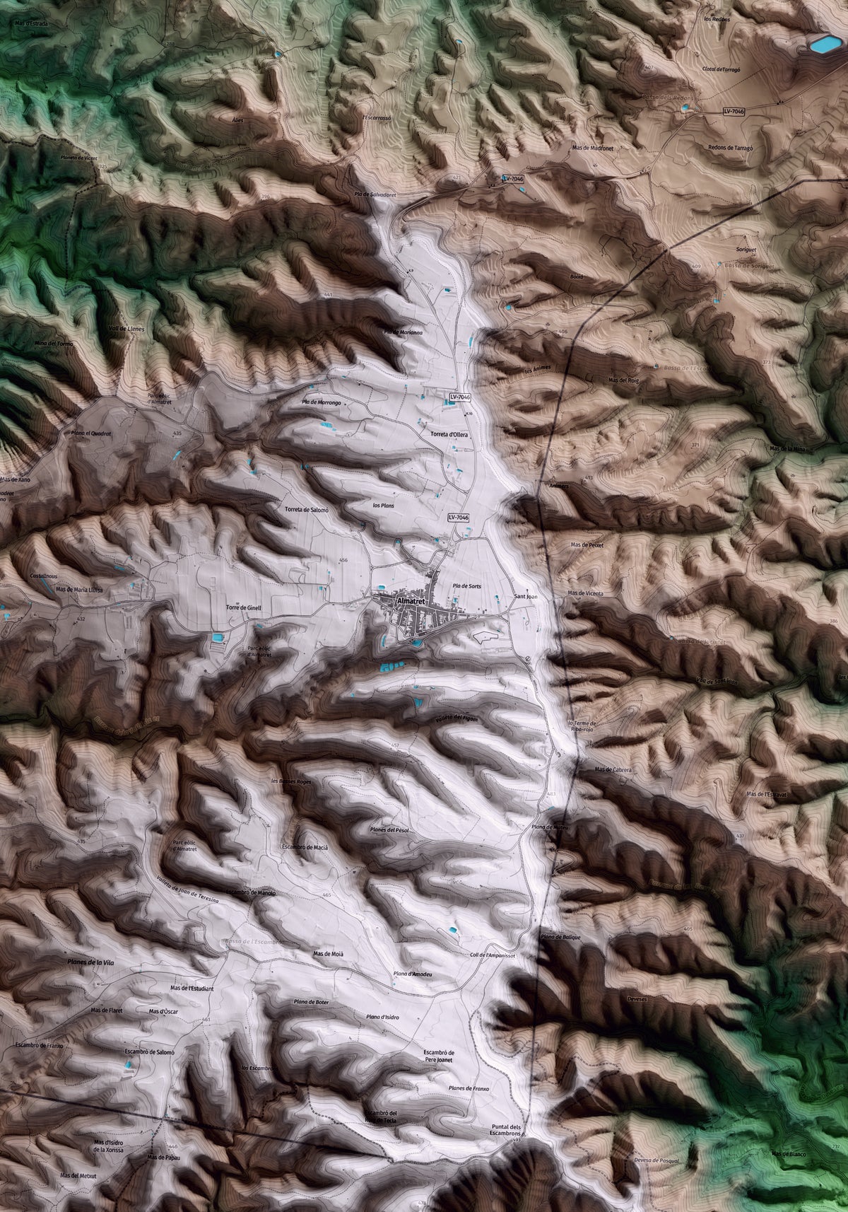 Mapa artístico del relieve de Almatret, al Segrià, con 15 km de entorno y base topográfica ICGC. Detalle de la zona central.