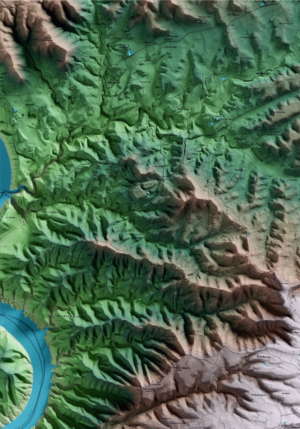 Mapa artístico del relieve de Almatret, al Segrià, con 15 km de entorno y base topográfica ICGC. Detalle de la zona superior izquierda.