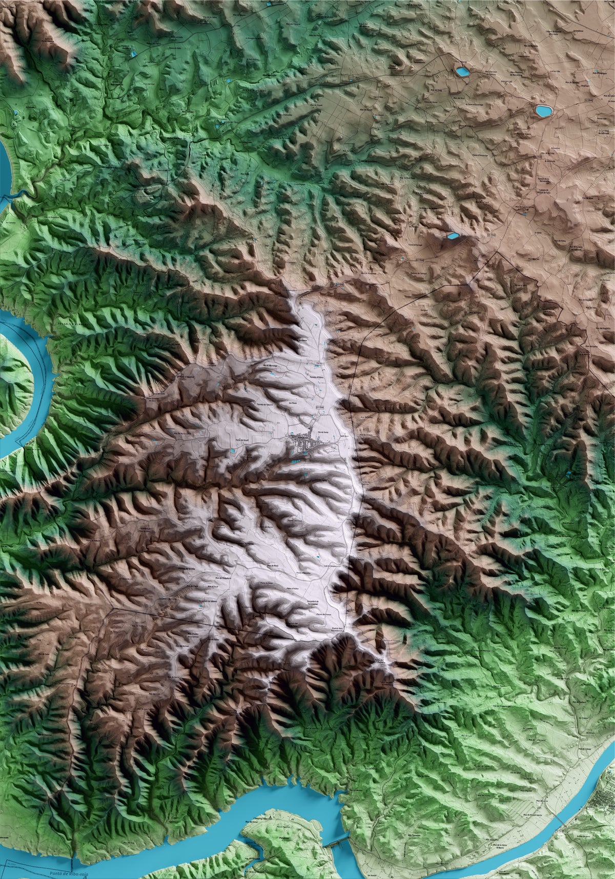 Mapa artístico del relieve de Almatret, al Segrià, con 15 km de entorno y base topográfica ICGC