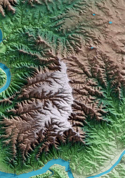 Mapa artístico del relieve de Almatret, al Segrià, con 15 km de entorno y base topográfica ICGC