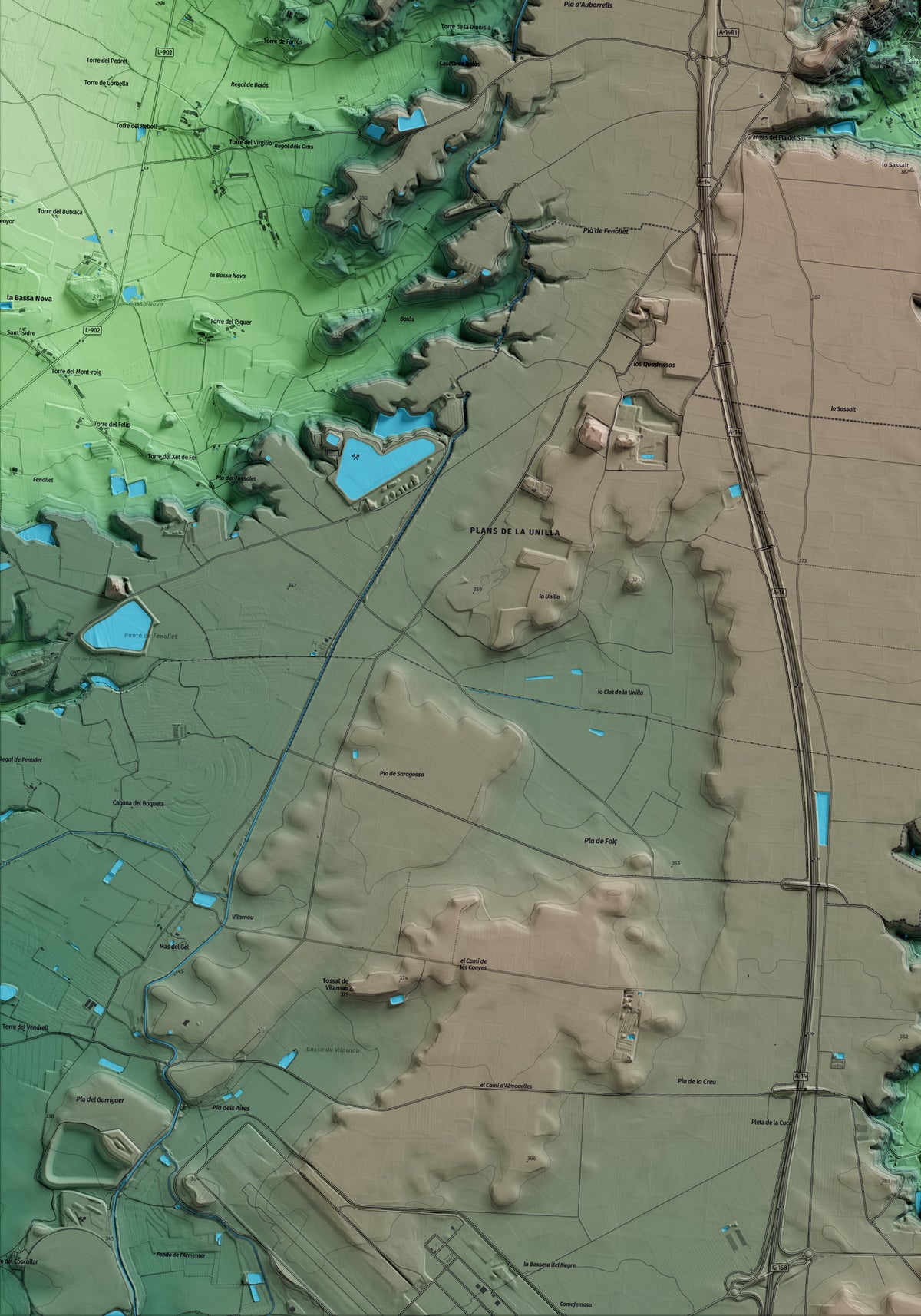 Mapa artístico del relieve de Almenar, al Segrià, con 15 km de entorno y base topográfica ICGC. Detalle de la zona inferior izquierda.