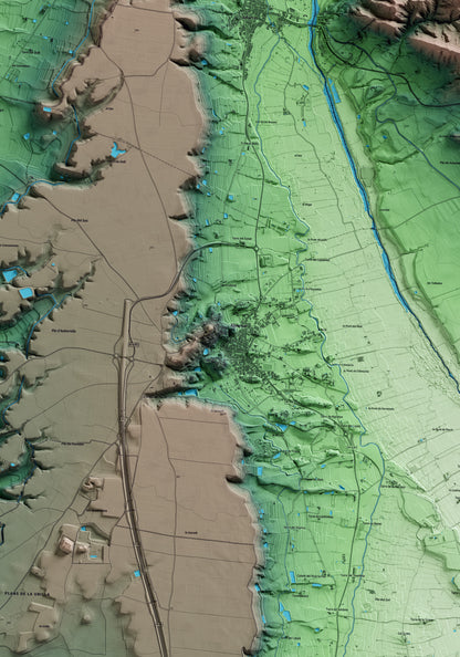 Mapa artístico del relieve de Almenar, al Segrià, con 15 km de entorno y base topográfica ICGC. Detalle de la zona central.