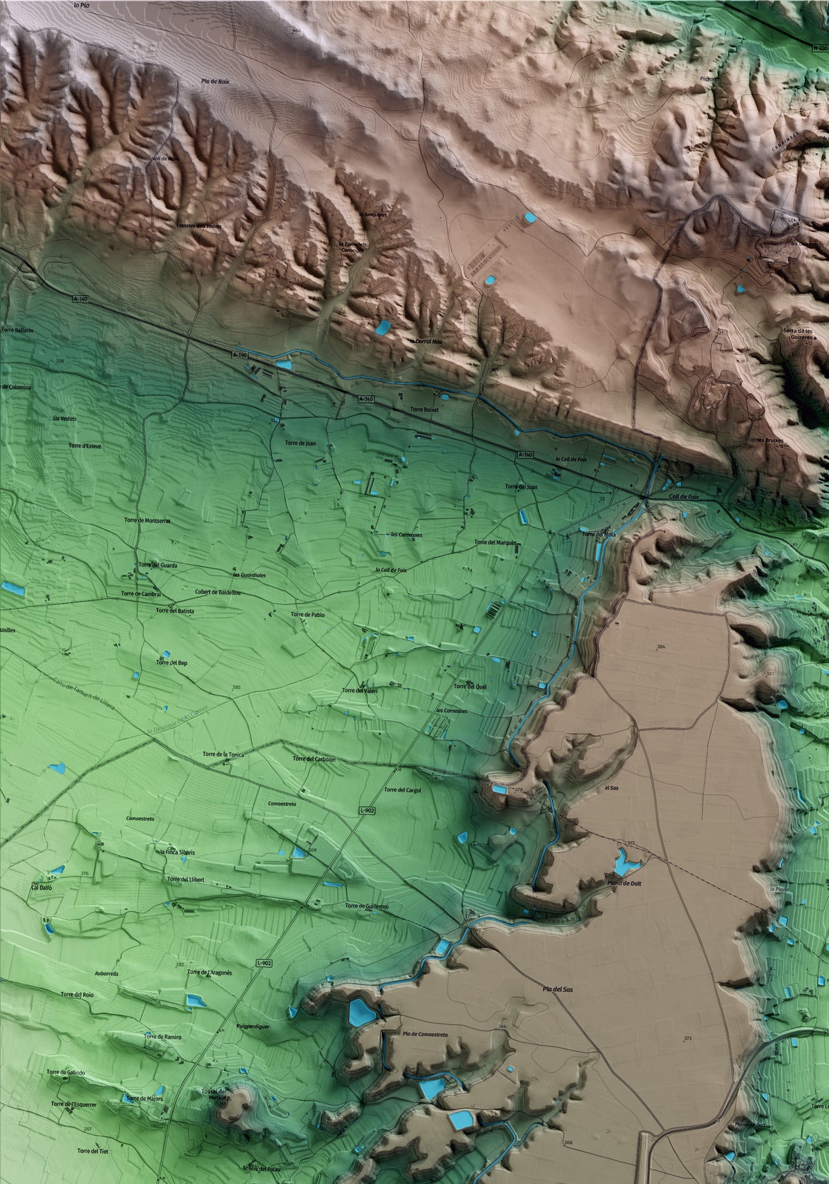 Mapa artístico del relieve de Almenar, al Segrià, con 15 km de entorno y base topográfica ICGC. Detalle de la zona superior izquierda.