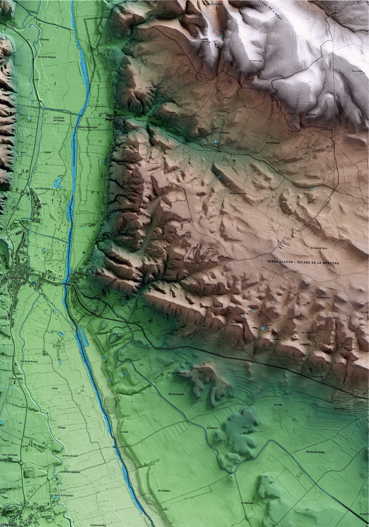 Mapa artístico del relieve de Almenar, al Segrià, con 15 km de entorno y base topográfica ICGC. Detalle de la zona superior derecha.