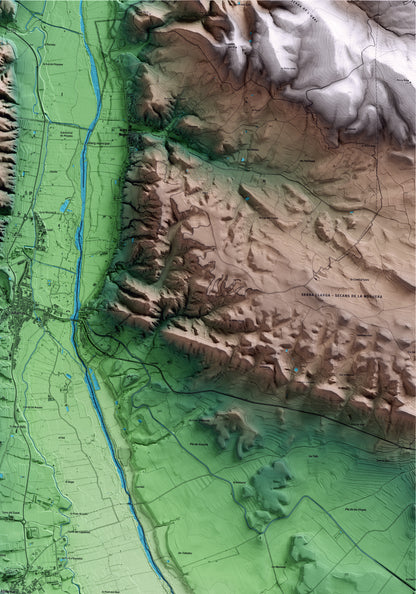 Mapa artístico del relieve de Almenar, al Segrià, con 15 km de entorno y base topográfica ICGC. Detalle de la zona superior derecha.