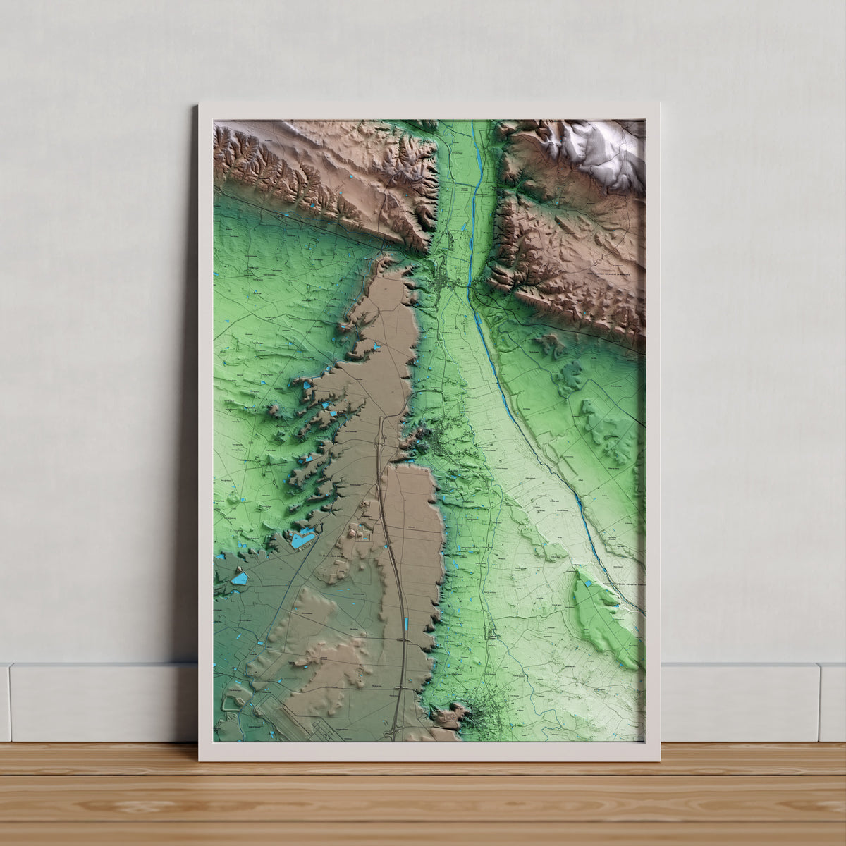 Mapa artístico del relieve de Almenar, al Segrià, con 15 km de entorno y base topográfica ICGC. Presentación enmarcada.