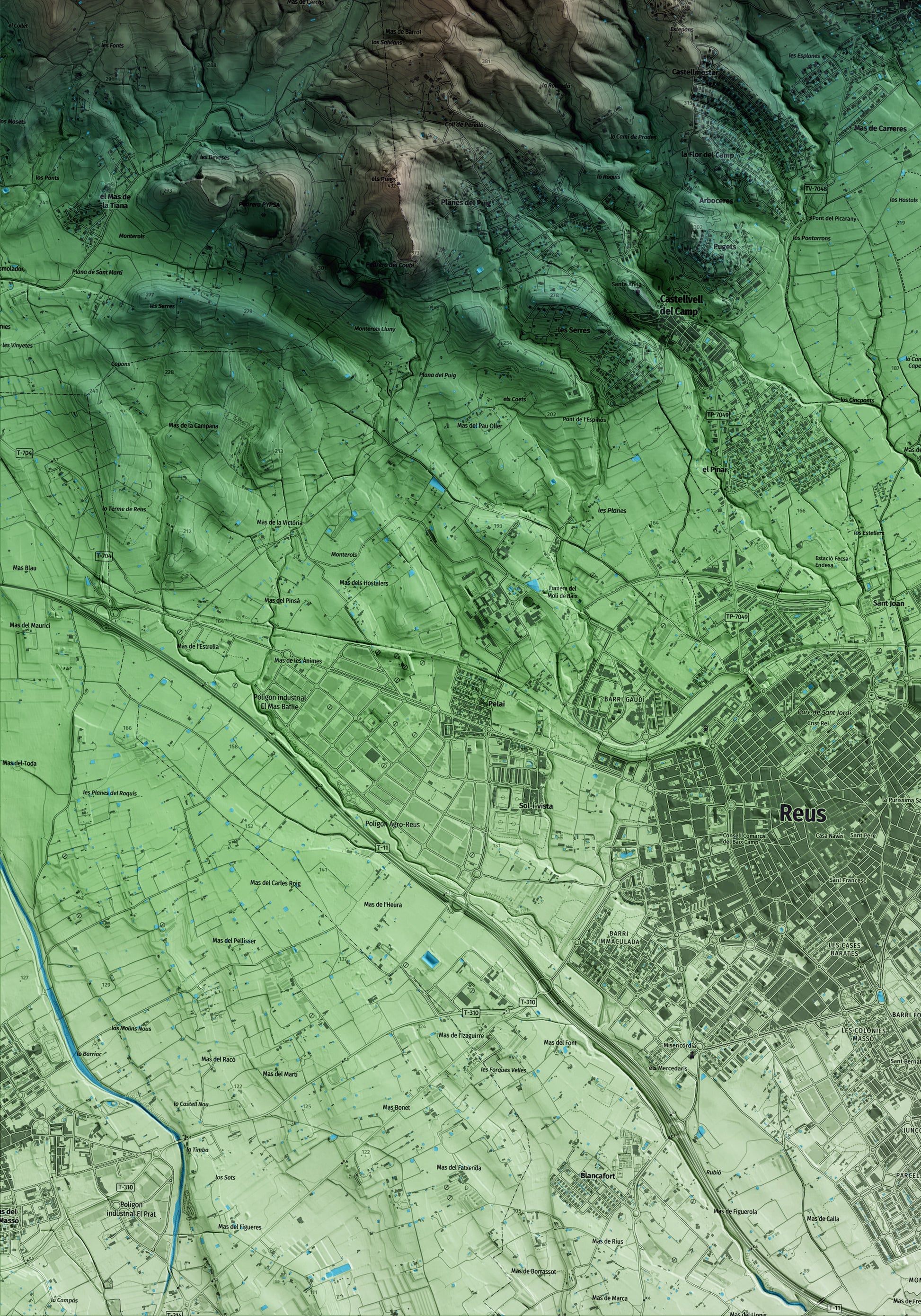 Mapa artístico del relieve de Almoster, al Baix Camp, con 15 km de entorno y base topográfica ICGC. Detalle de la zona inferior izquierda.