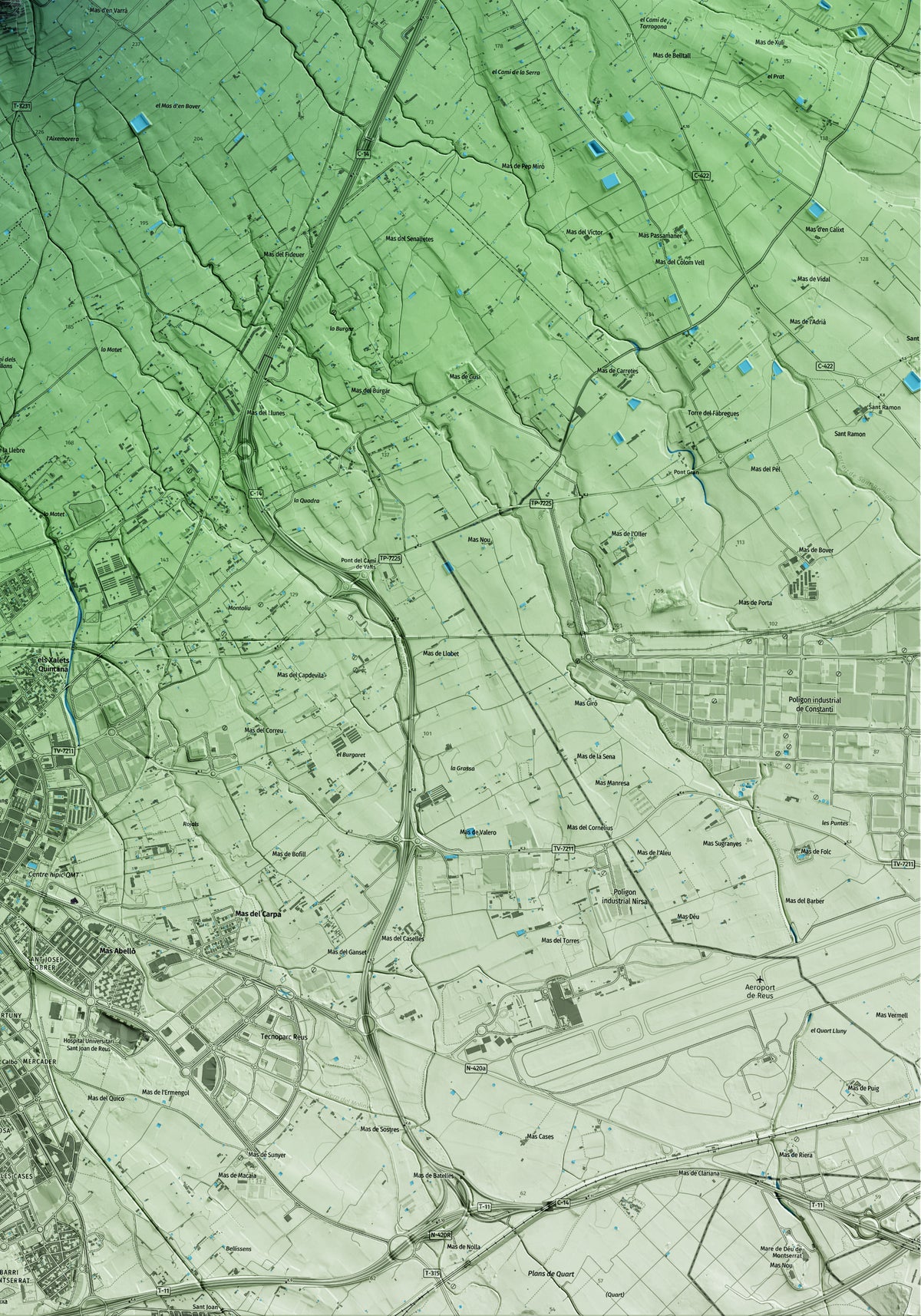 Mapa artístico del relieve de Almoster, al Baix Camp, con 15 km de entorno y base topográfica ICGC. Detalle de la zona inferior derecha.