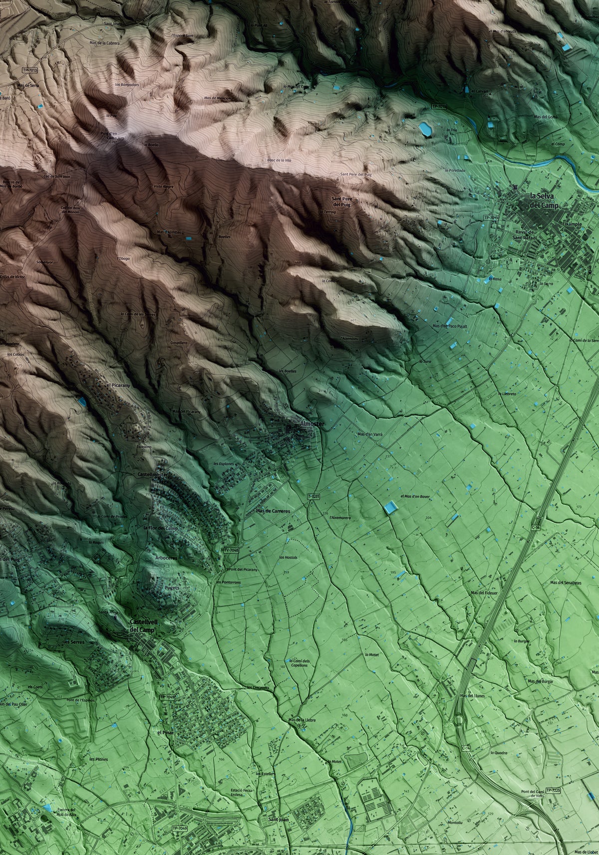 Mapa artístico del relieve de Almoster, al Baix Camp, con 15 km de entorno y base topográfica ICGC. Detalle de la zona central.