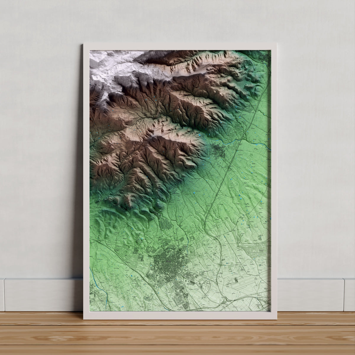 Mapa artístico del relieve de Almoster, al Baix Camp, con 15 km de entorno y base topográfica ICGC. Presentación enmarcada.