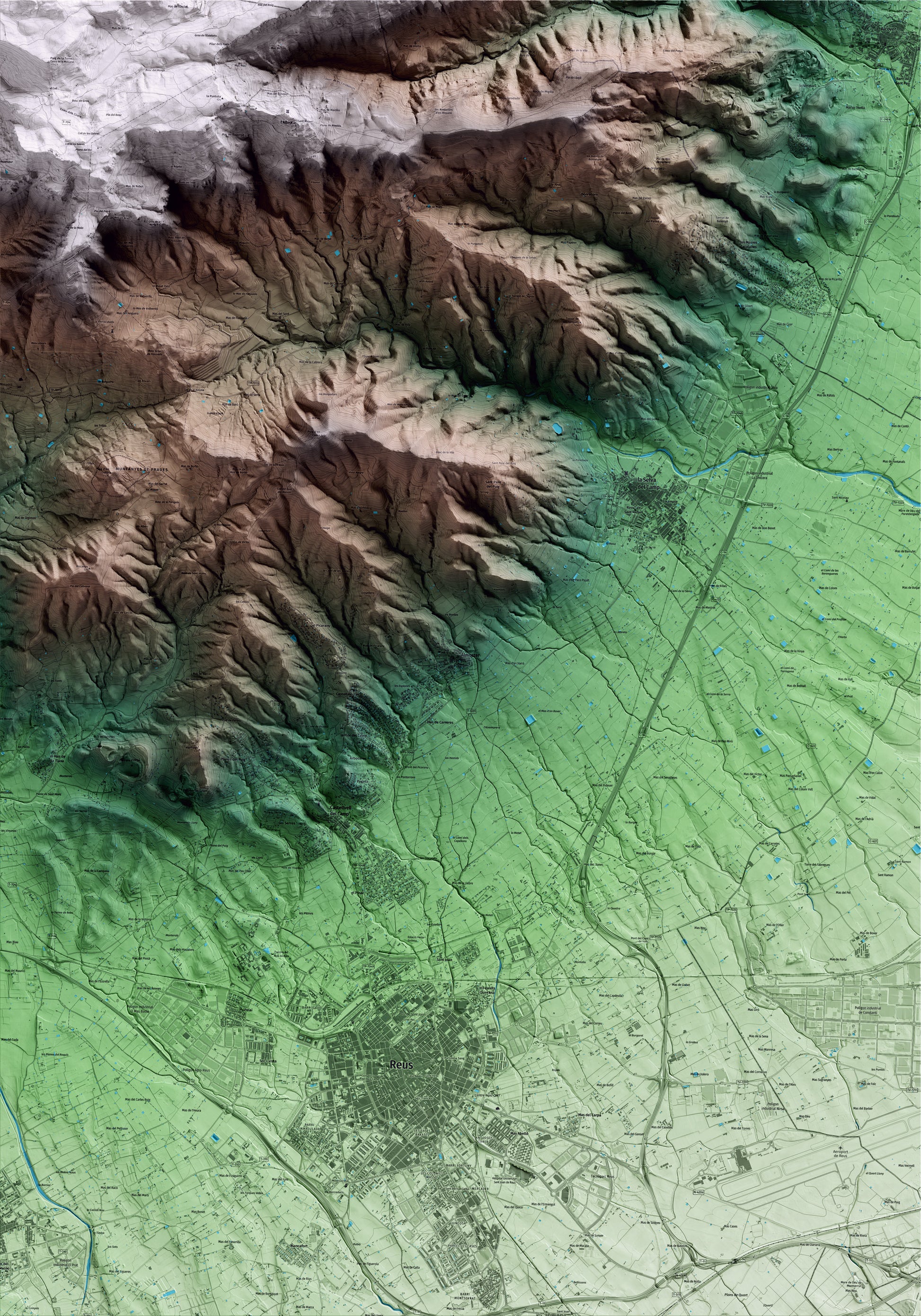 Mapa artístico del relieve de Almoster, al Baix Camp, con 15 km de entorno y base topográfica ICGC