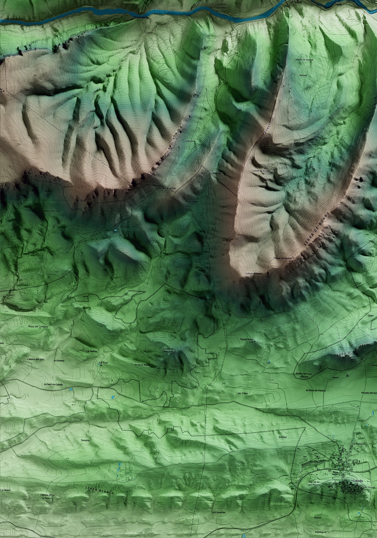 Mapa artístico del relieve de Alòs de Balaguer, a la Noguera, con 15 km de entorno y base topográfica ICGC. Detalle de la zona inferior izquierda.