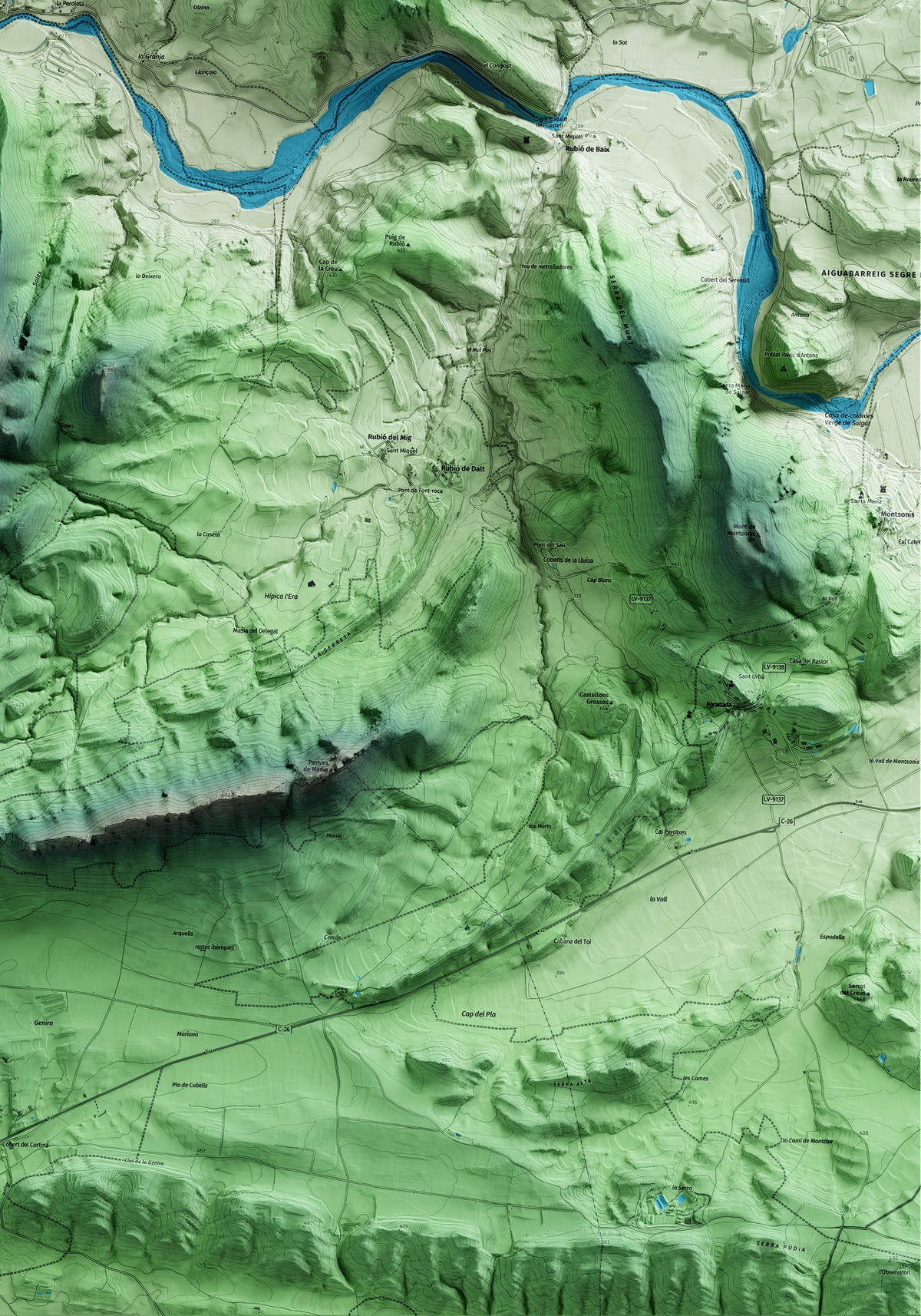 Mapa artístico del relieve de Alòs de Balaguer, a la Noguera, con 15 km de entorno y base topográfica ICGC. Detalle de la zona inferior derecha.