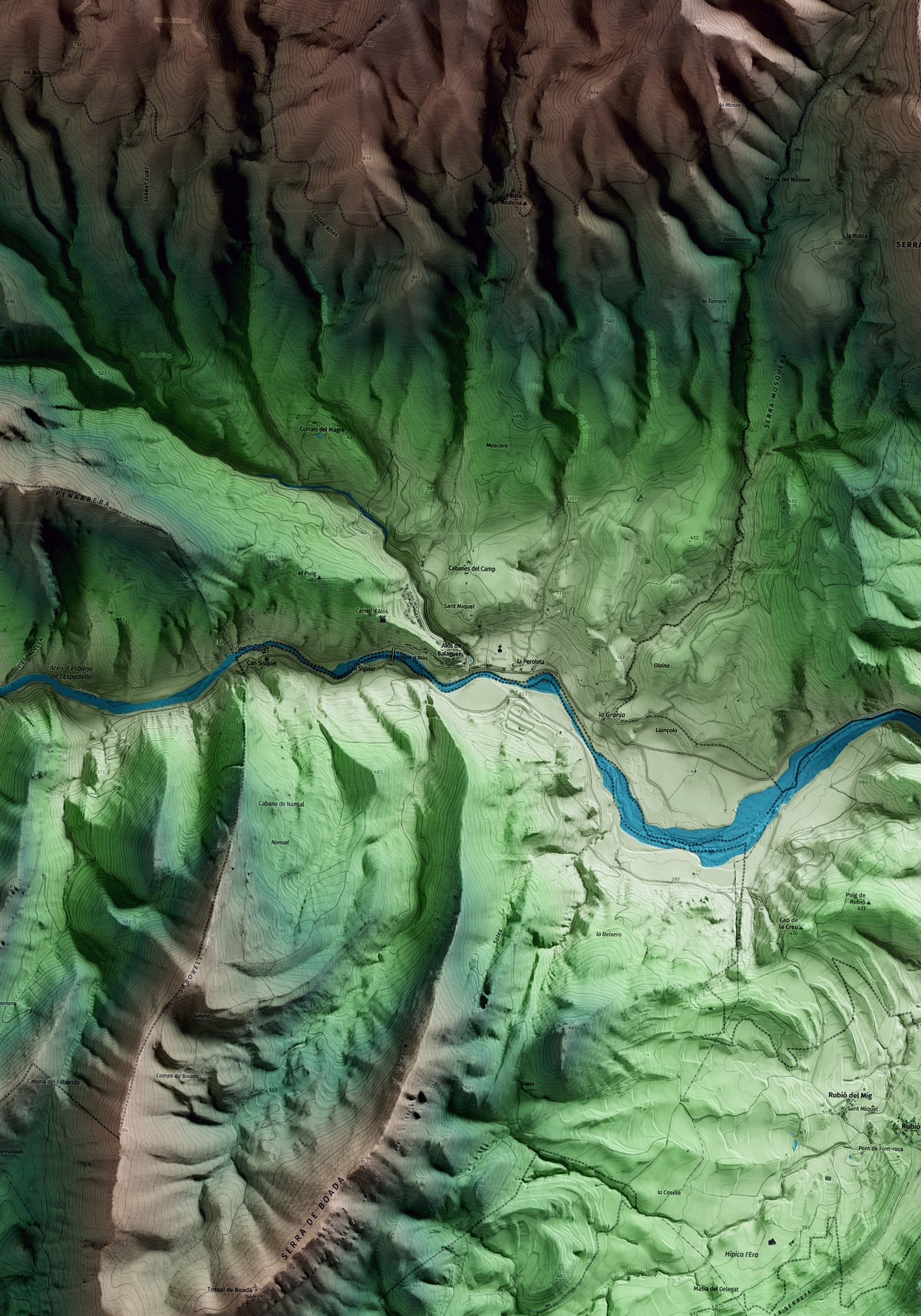 Mapa artístico del relieve de Alòs de Balaguer, a la Noguera, con 15 km de entorno y base topográfica ICGC. Detalle de la zona central.