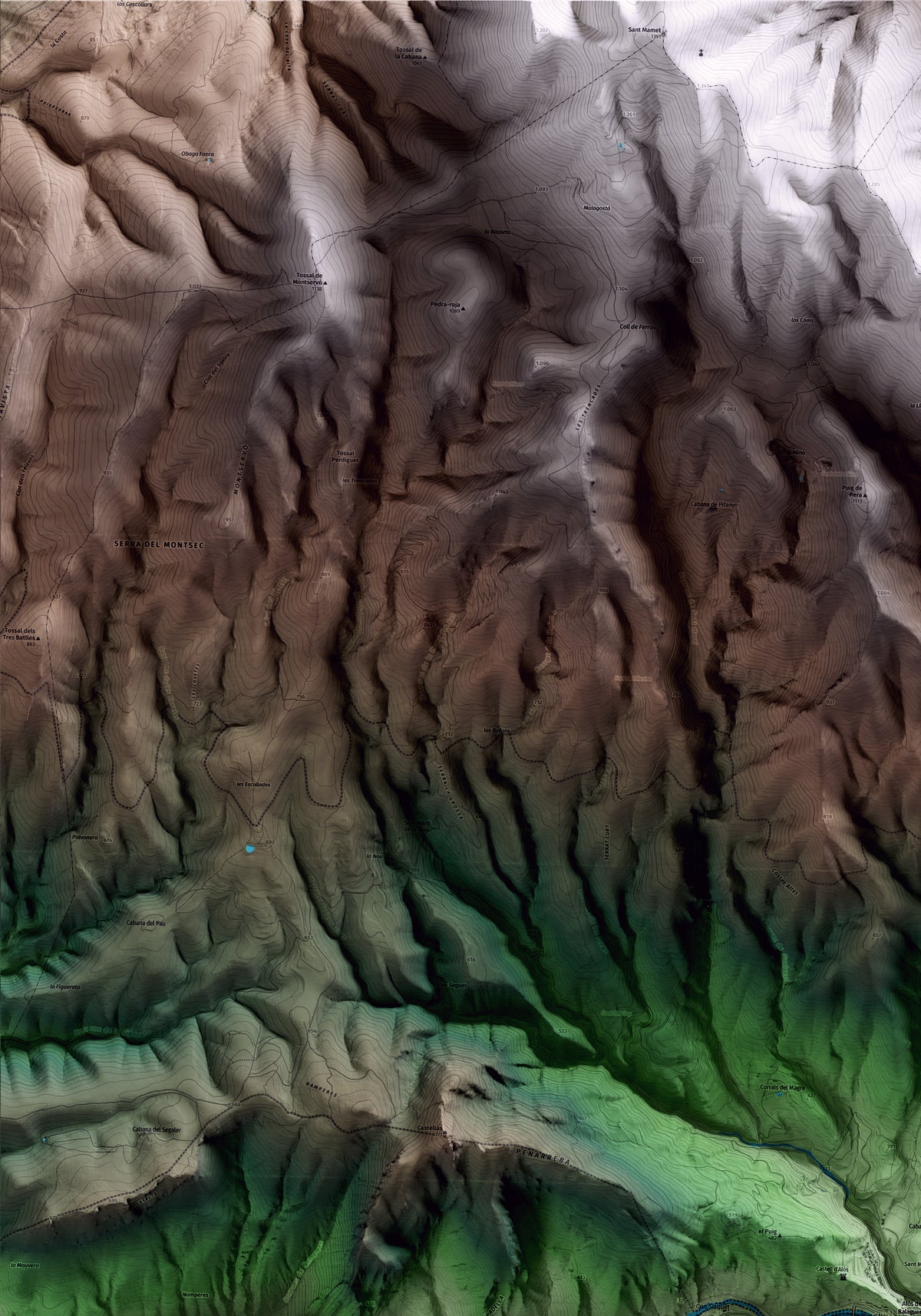 Mapa artístico del relieve de Alòs de Balaguer, a la Noguera, con 15 km de entorno y base topográfica ICGC. Detalle de la zona superior izquierda.