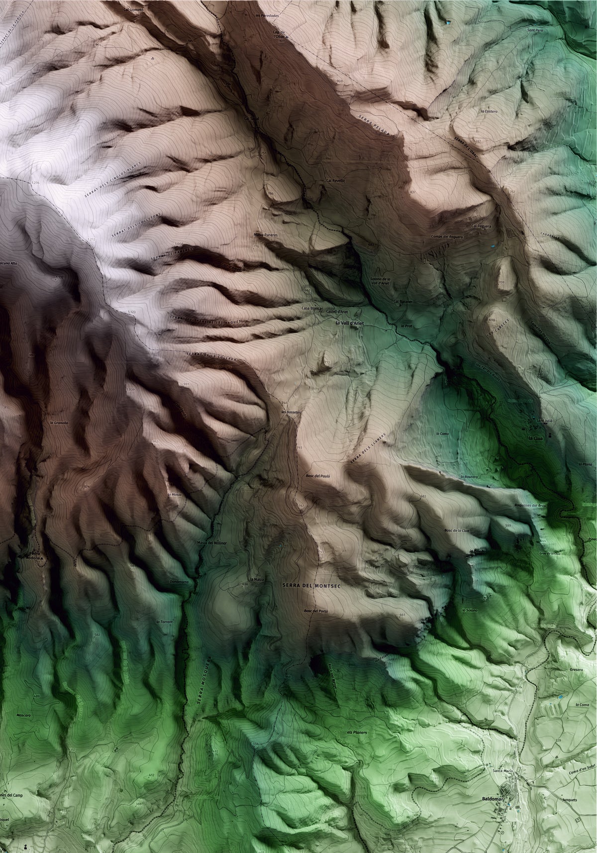 Mapa artístico del relieve de Alòs de Balaguer, a la Noguera, con 15 km de entorno y base topográfica ICGC. Detalle de la zona superior derecha.