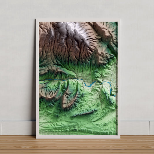 Mapa artístico del relieve de Alòs de Balaguer, a la Noguera, con 15 km de entorno y base topográfica ICGC. Presentación enmarcada.