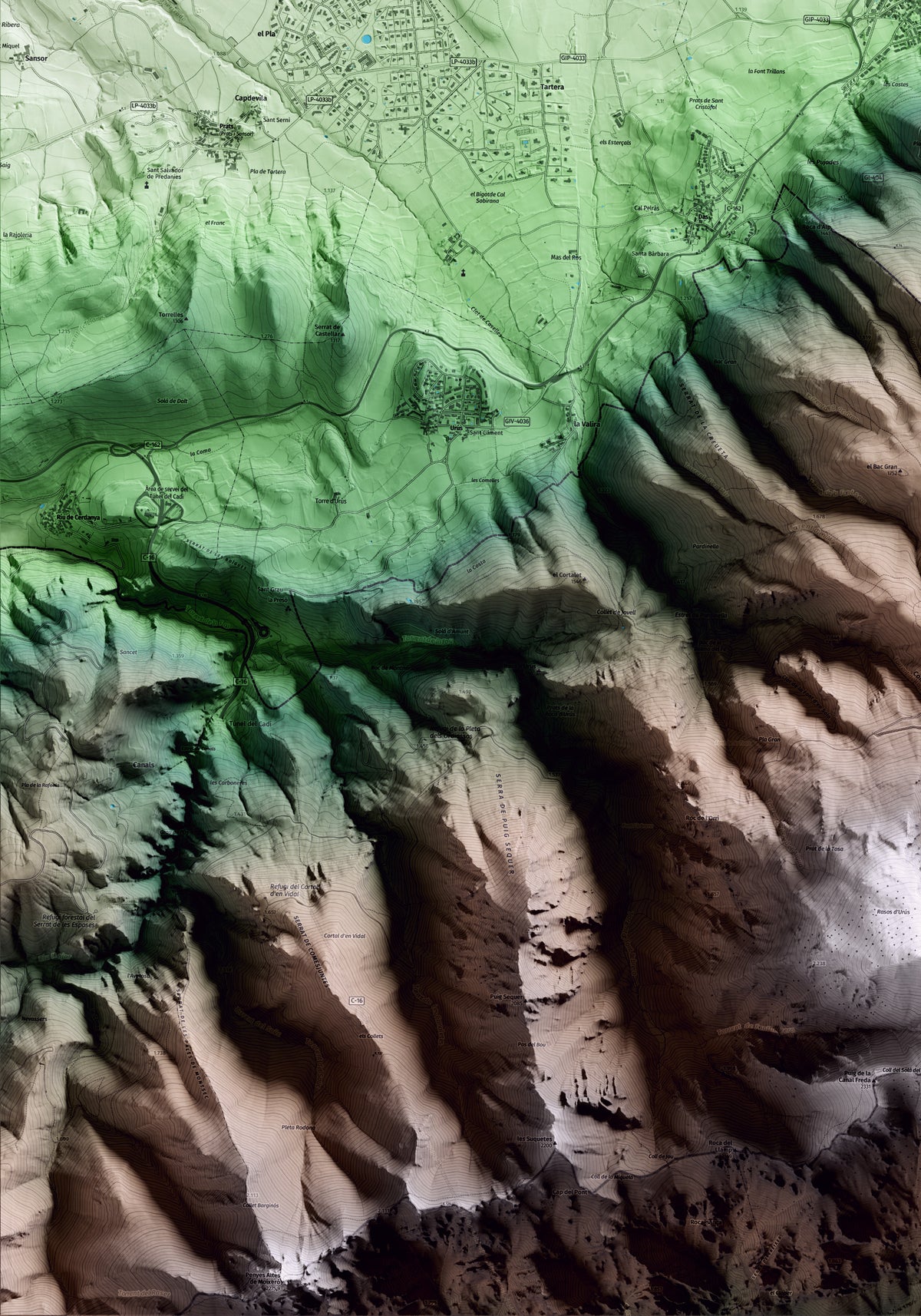 Mapa artístico del relieve de Alp, a la Cerdanya, con 15 km de entorno y base topográfica ICGC. Detalle de la zona inferior izquierda.