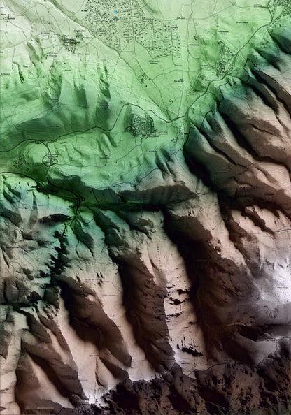 Mapa artístico del relieve de Alp, a la Cerdanya, con 15 km de entorno y base topográfica ICGC. Detalle de la zona inferior izquierda.