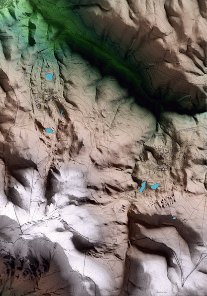 Mapa artístico del relieve de Alp, a la Cerdanya, con 15 km de entorno y base topográfica ICGC. Detalle de la zona inferior derecha.