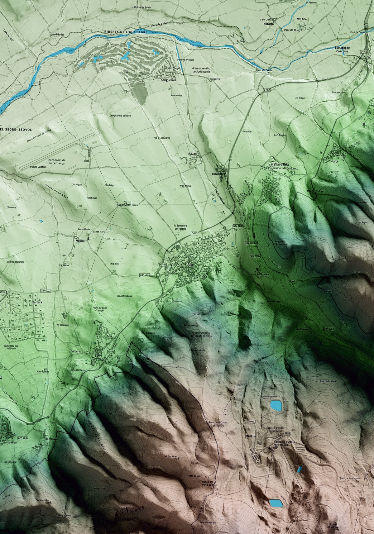Mapa artístico del relieve de Alp, a la Cerdanya, con 15 km de entorno y base topográfica ICGC. Detalle de la zona central.
