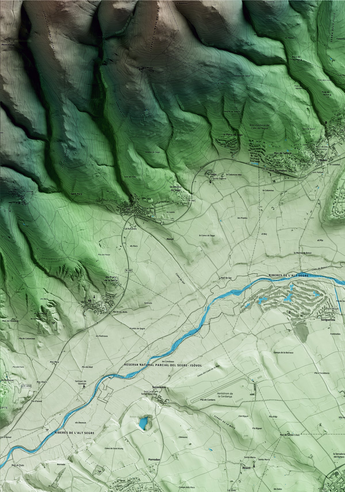 Mapa artístico del relieve de Alp, a la Cerdanya, con 15 km de entorno y base topográfica ICGC. Detalle de la zona superior izquierda.