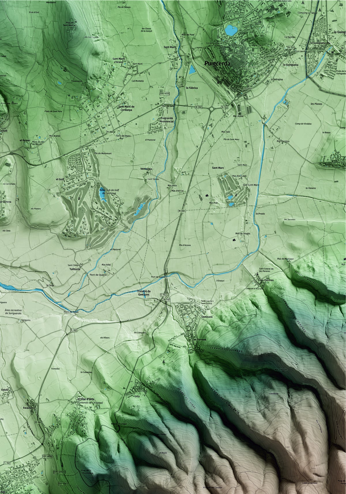 Mapa artístico del relieve de Alp, a la Cerdanya, con 15 km de entorno y base topográfica ICGC. Detalle de la zona superior derecha.