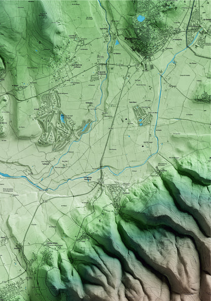 Mapa artístico del relieve de Alp, a la Cerdanya, con 15 km de entorno y base topográfica ICGC. Detalle de la zona superior derecha.