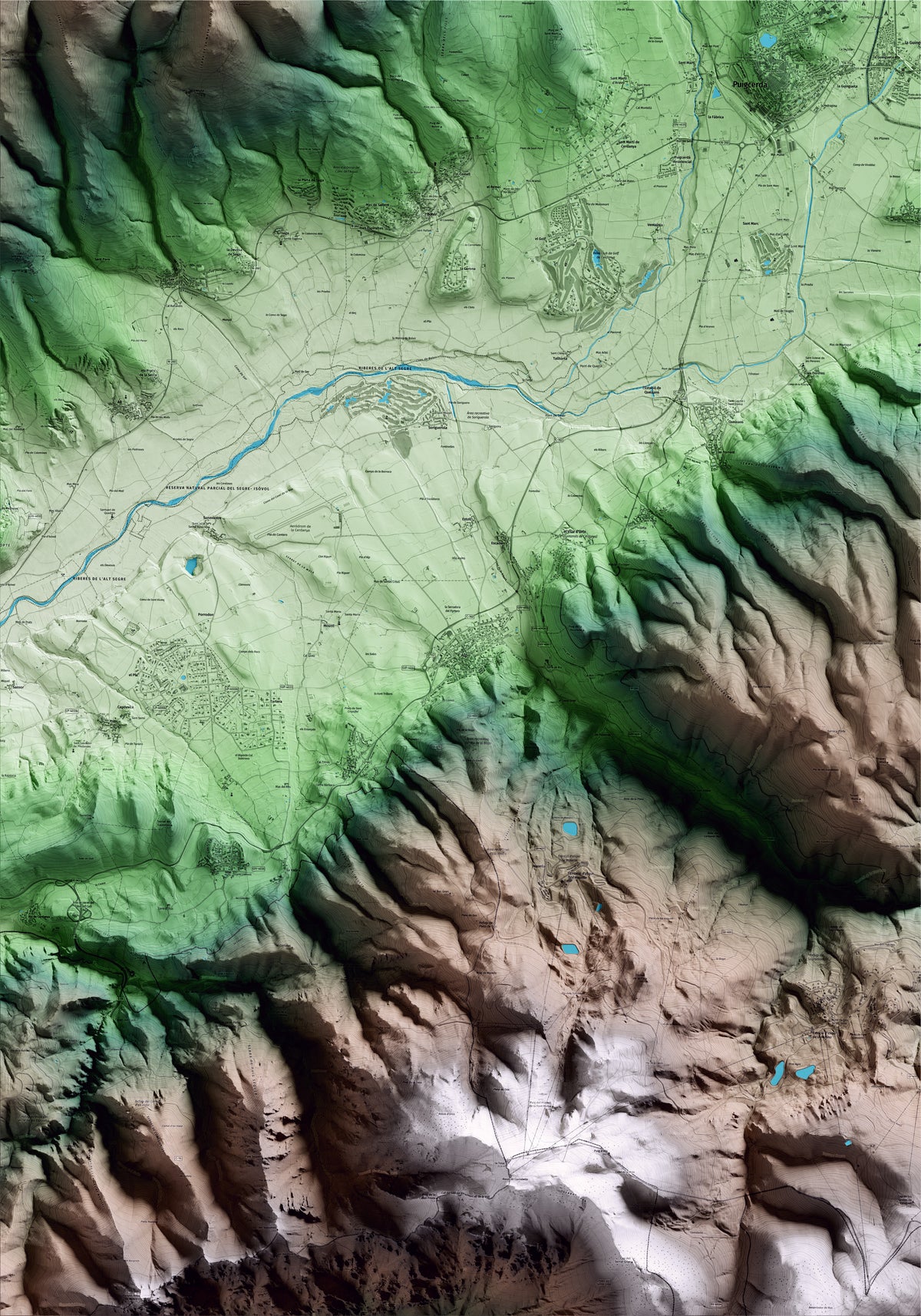 Mapa artístico del relieve de Alp, a la Cerdanya, con 15 km de entorno y base topográfica ICGC