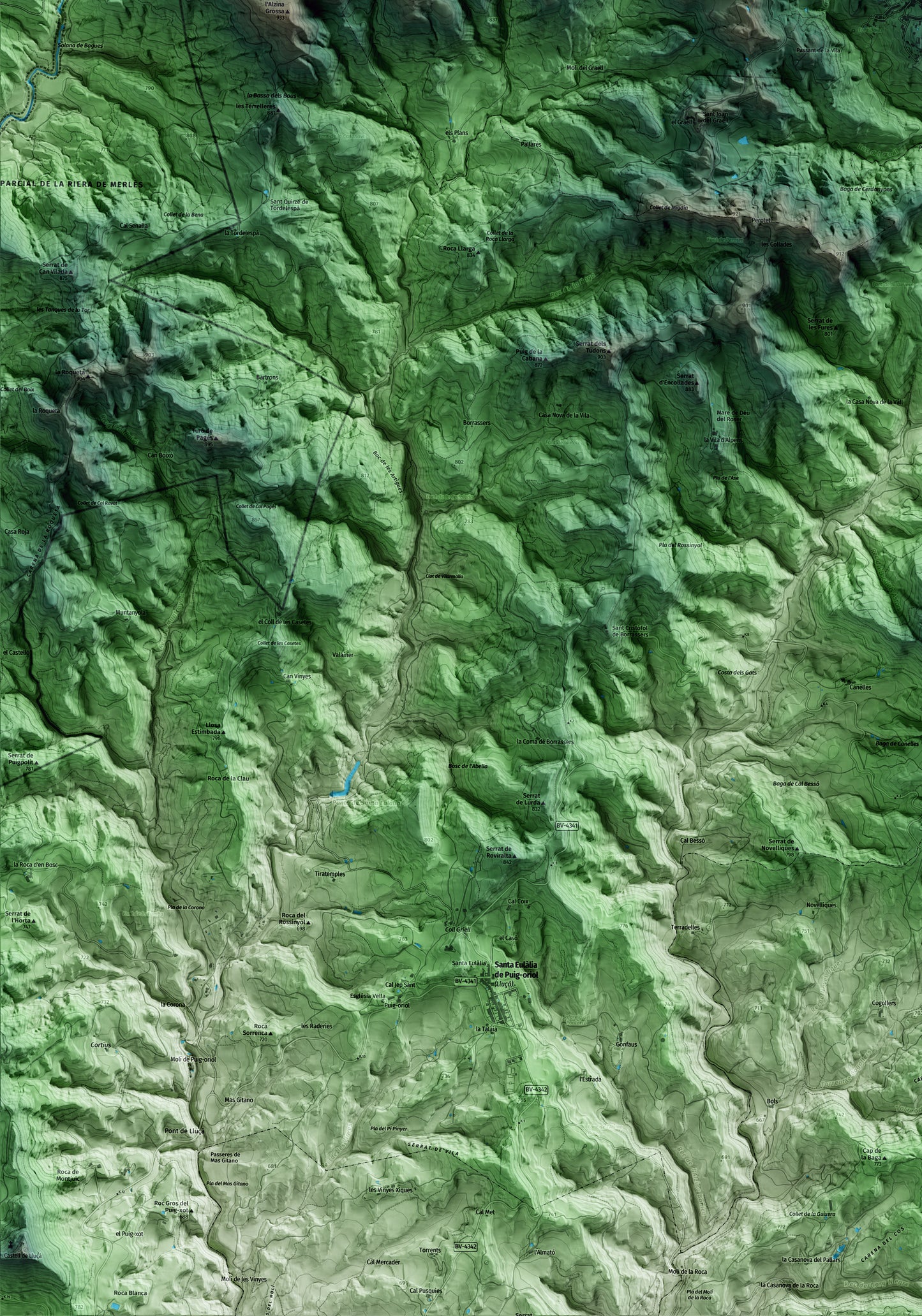 Mapa artístico del relieve de Alpens, al Lluçanès, con 15 km de entorno y base topográfica ICGC. Detalle de la zona inferior izquierda.
