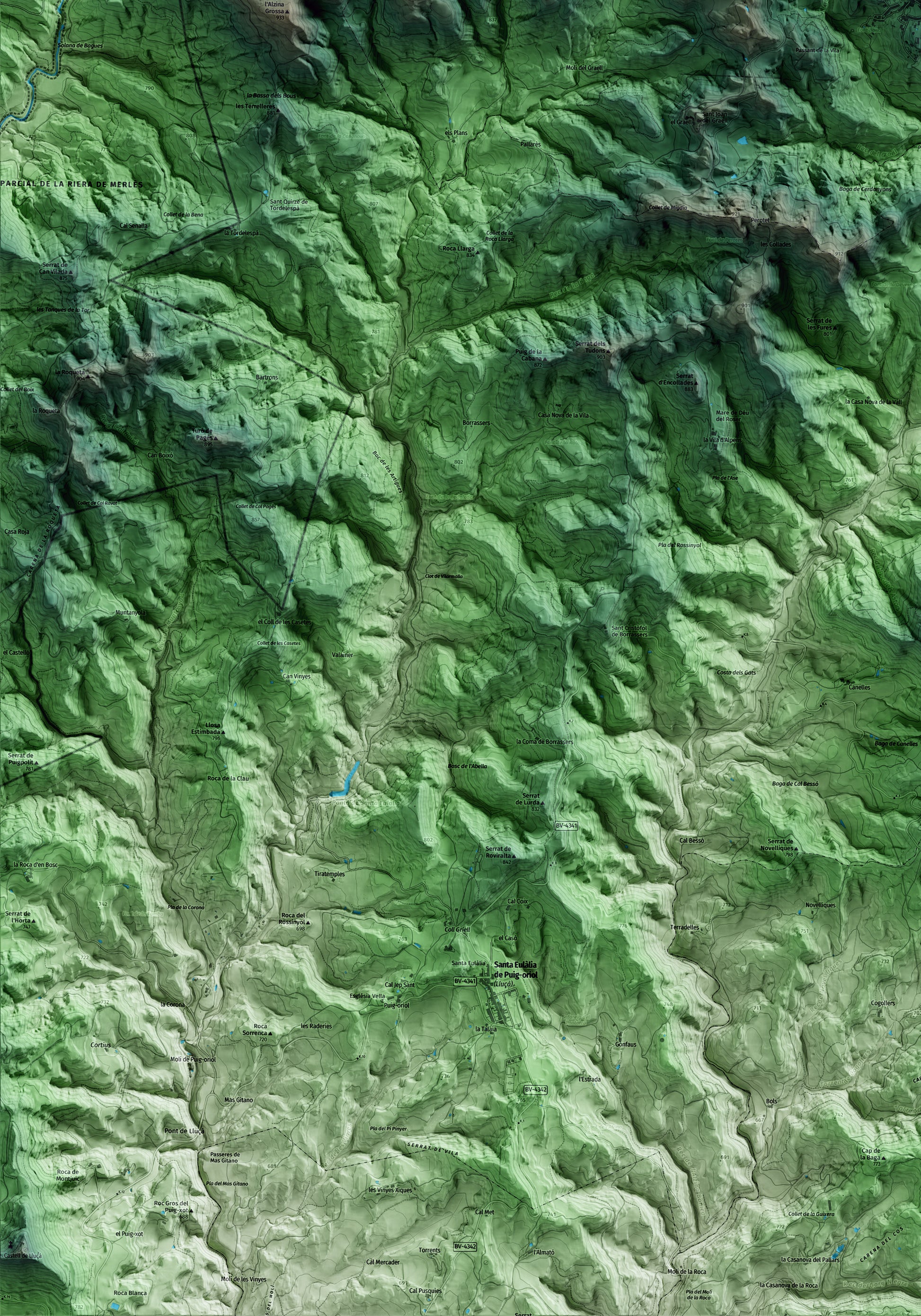 Mapa artístico del relieve de Alpens, al Lluçanès, con 15 km de entorno y base topográfica ICGC. Detalle de la zona inferior izquierda.