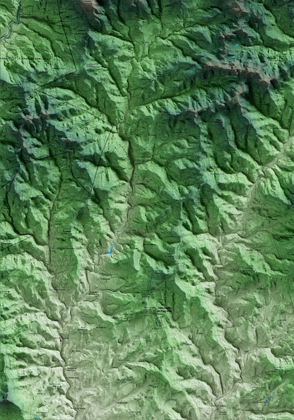 Mapa artístico del relieve de Alpens, al Lluçanès, con 15 km de entorno y base topográfica ICGC. Detalle de la zona inferior izquierda.