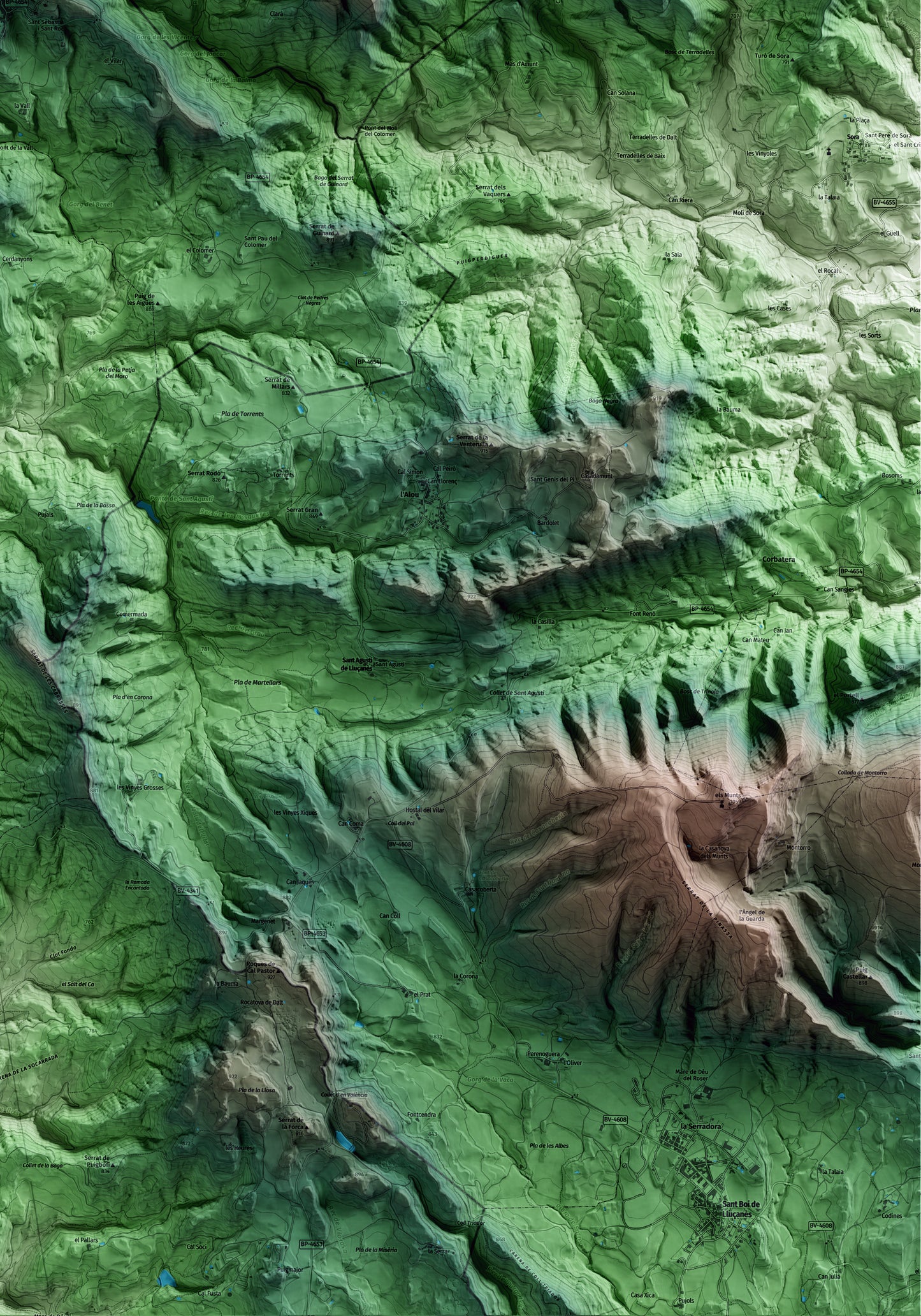 Mapa artístico del relieve de Alpens, al Lluçanès, con 15 km de entorno y base topográfica ICGC. Detalle de la zona inferior derecha.