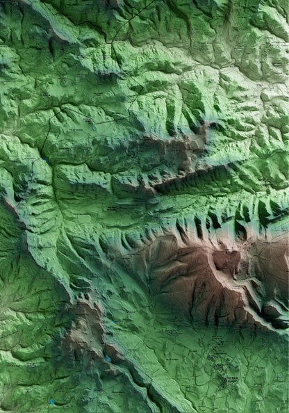 Mapa artístico del relieve de Alpens, al Lluçanès, con 15 km de entorno y base topográfica ICGC. Detalle de la zona inferior derecha.