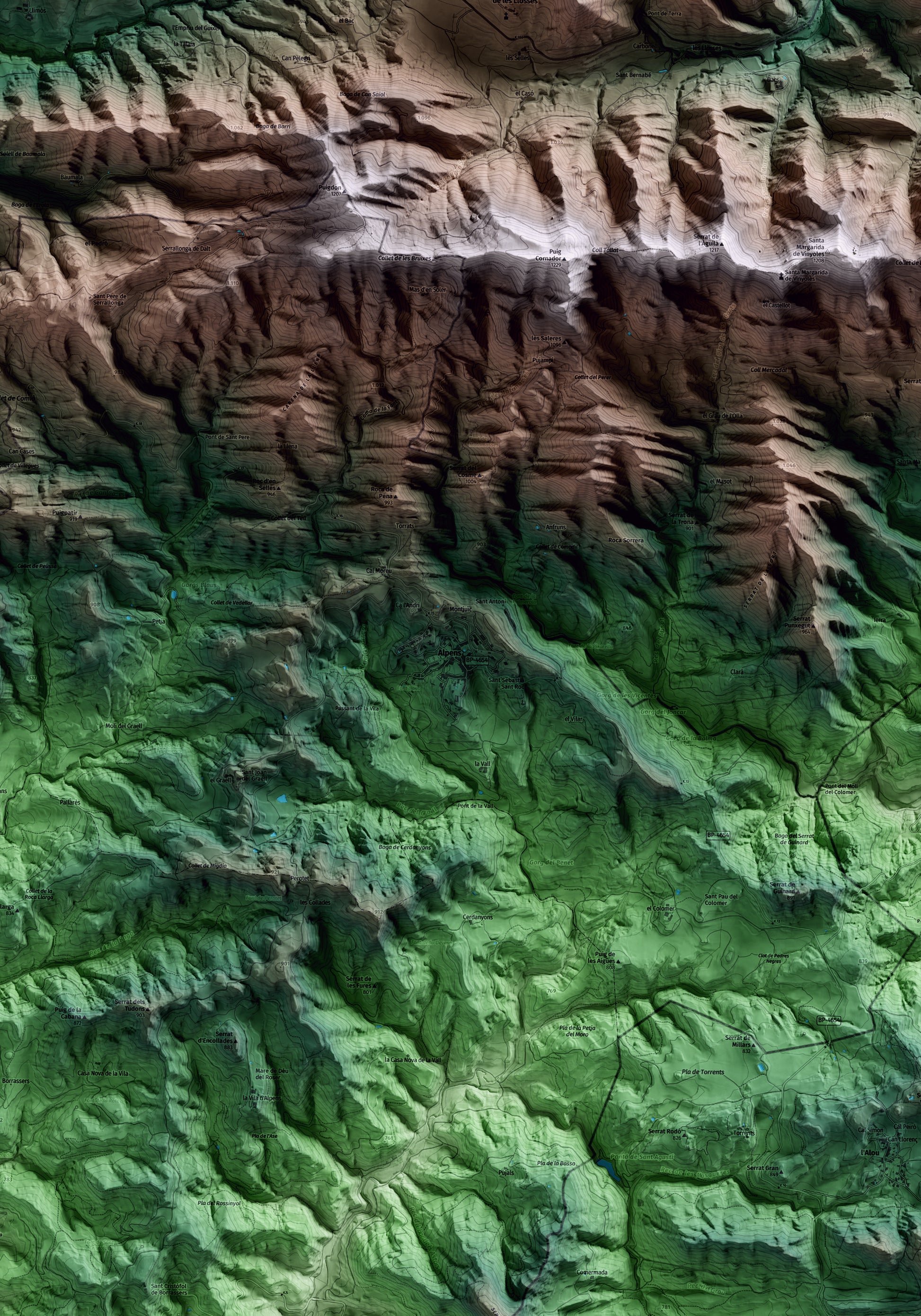 Mapa artístico del relieve de Alpens, al Lluçanès, con 15 km de entorno y base topográfica ICGC. Detalle de la zona central.