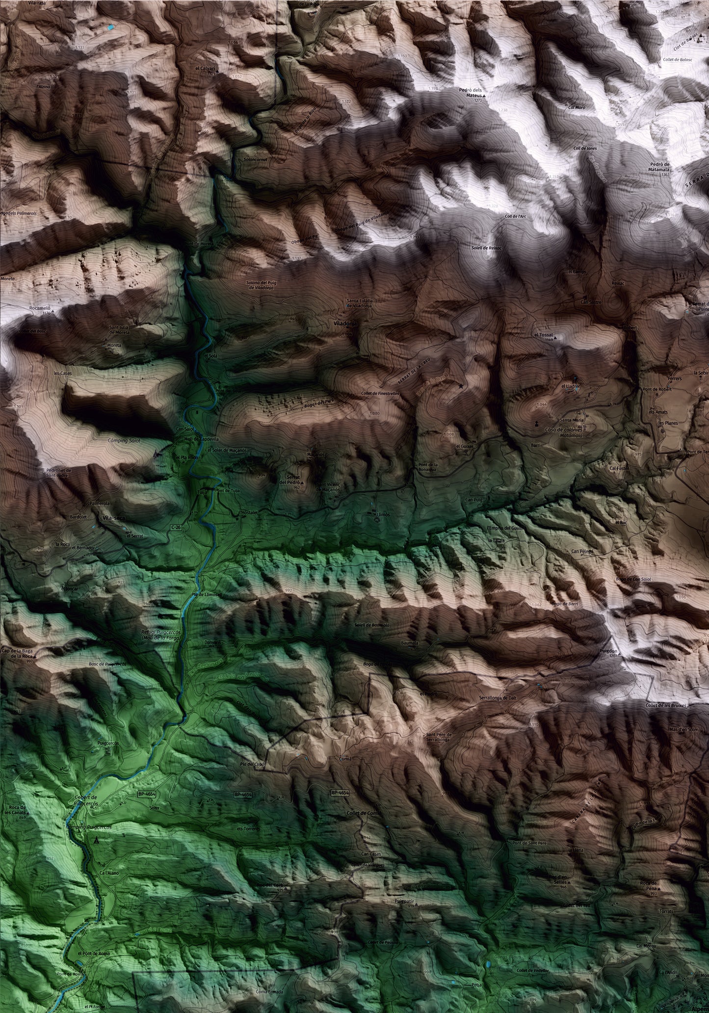 Mapa artístico del relieve de Alpens, al Lluçanès, con 15 km de entorno y base topográfica ICGC. Detalle de la zona superior izquierda.