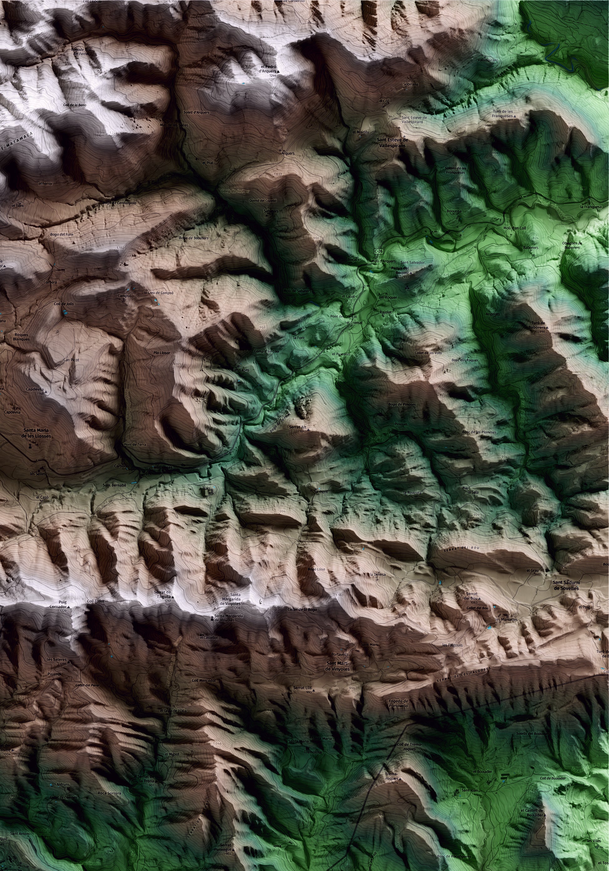 Mapa artístico del relieve de Alpens, al Lluçanès, con 15 km de entorno y base topográfica ICGC. Detalle de la zona superior derecha.