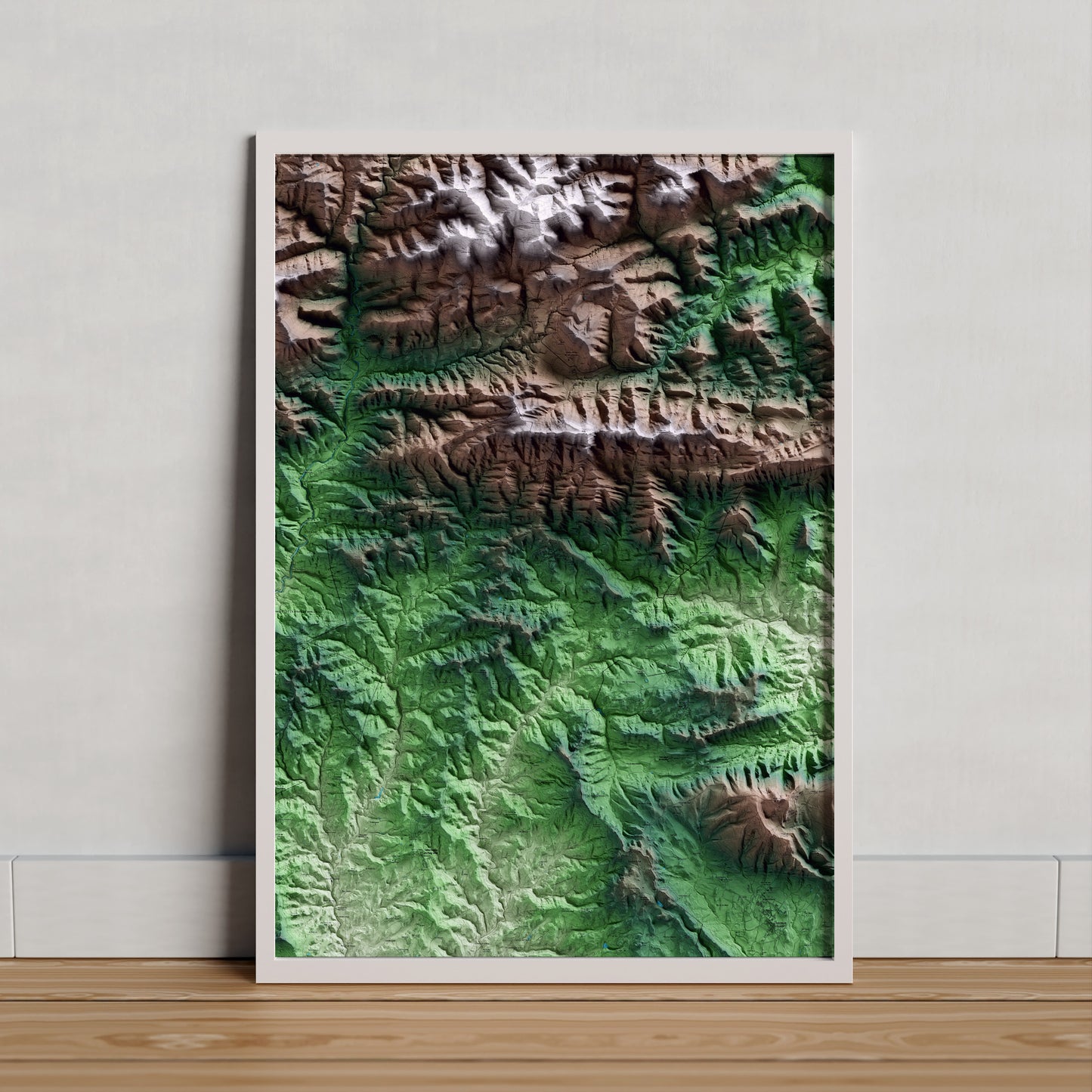 Mapa artístico del relieve de Alpens, al Lluçanès, con 15 km de entorno y base topográfica ICGC. Presentación enmarcada.
