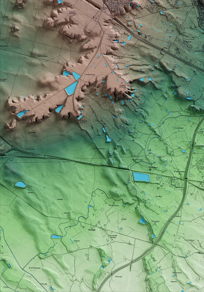 Mapa artístico del relieve de Alpicat, al Segrià, con 15 km de entorno y base topográfica ICGC. Detalle de la zona inferior izquierda.
